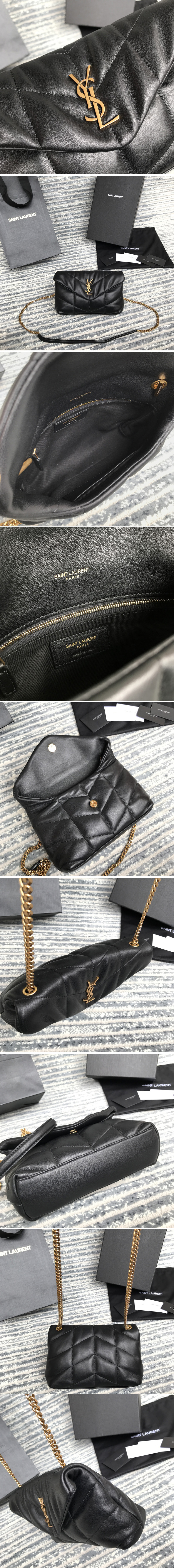 Replica Saint Laurent 620333 YSL Puffer Mini Bag in Black Quilted Lambskin Leather With Gold Chain