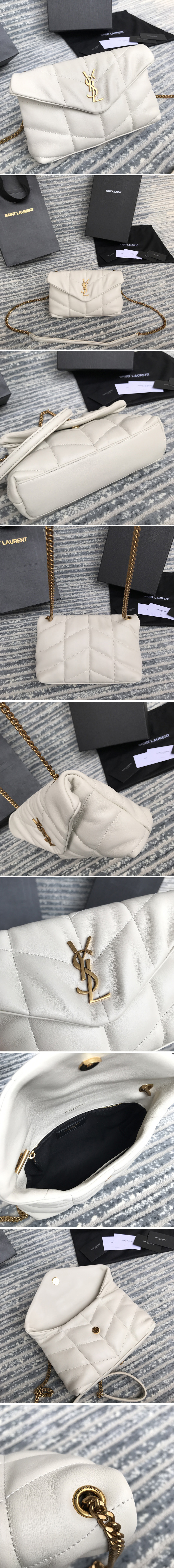 Replica Saint Laurent 620333 YSL Puffer Mini Bag in White Quilted Lambskin Leather With Gold Chain