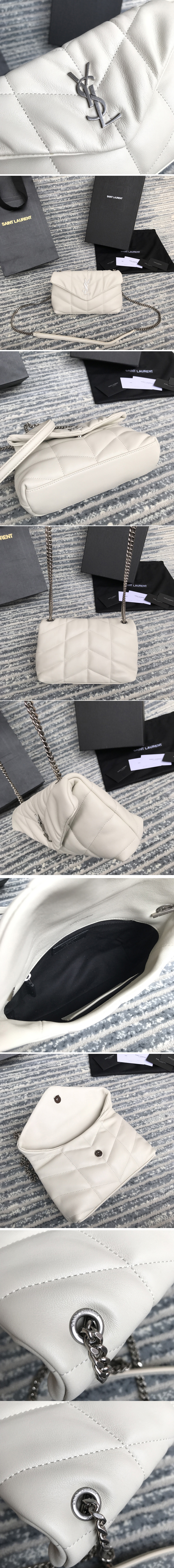 Replica Saint Laurent 620333 YSL Puffer Mini Bag in White Quilted Lambskin Leather With Silver Chain