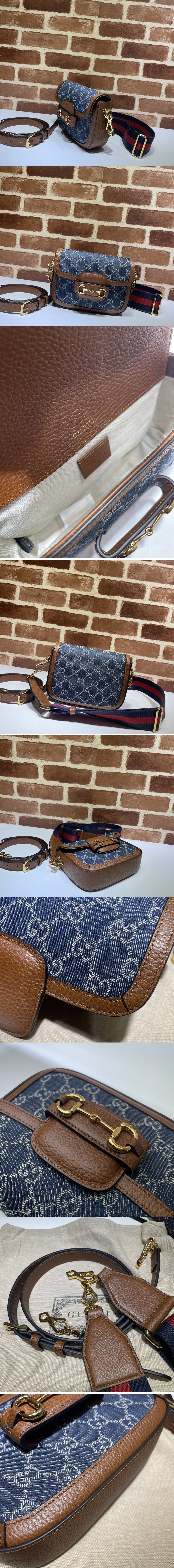 Replica Gucci 658574 Gucci Horsebit 1955 mini bag Dark blue and ivory eco washed organic GG jacquard denim