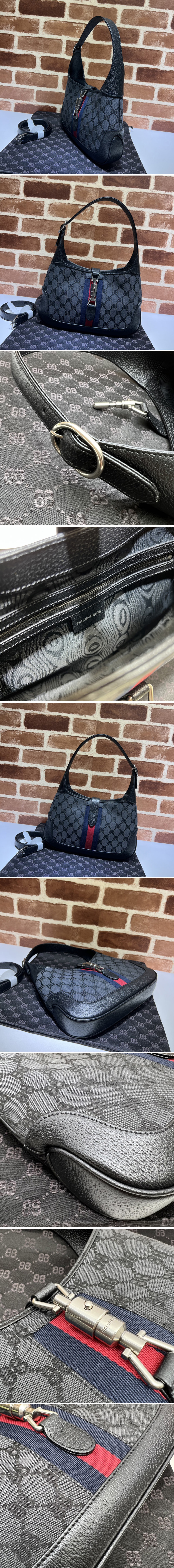 Replica Gucci x Balenciaga 680118 Women's Hacker Small Hobo Bag in black and dark grey canvas jacquard