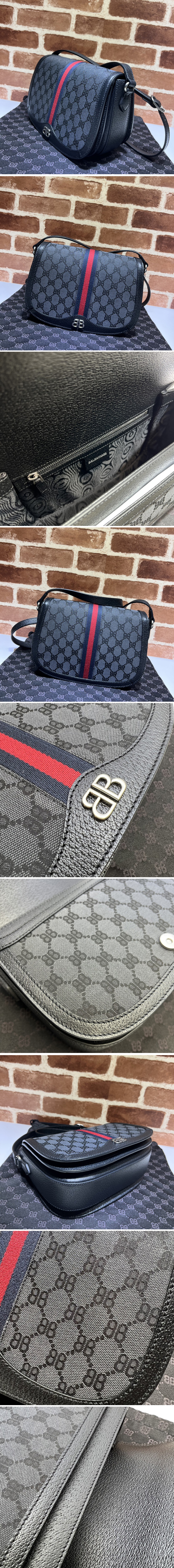 Replica Gucci x Balenciaga 680121 Women's Hacker Medium Shoulder Bag in black and dark grey canvas jacquard