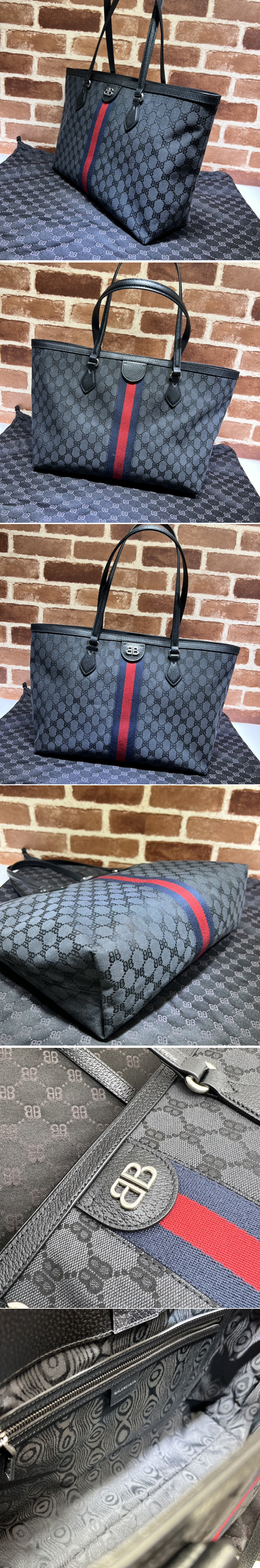 Replica Gucci x Balenciaga 680125 Women's Hacker Medium Tote Bag in black and dark grey canvas jacquard