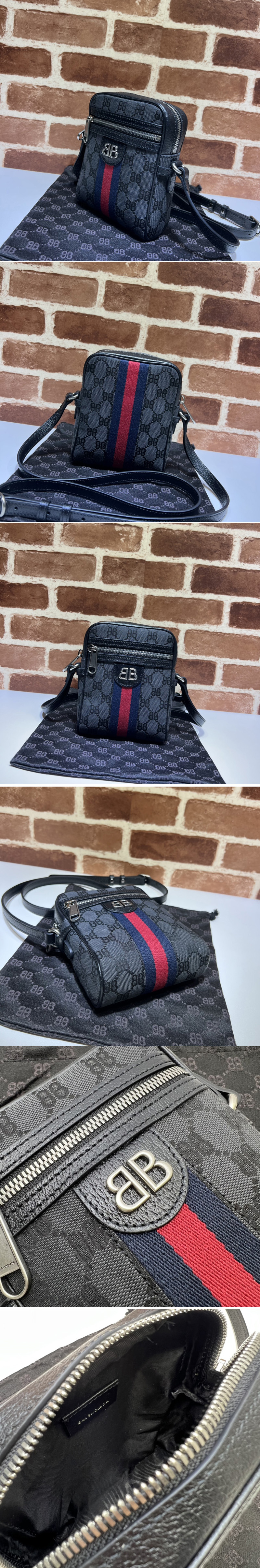 Replica Gucci x Balenciaga 680129 Men's Hacker Shoulder Zip Bag in black and dark grey canvas jacquard