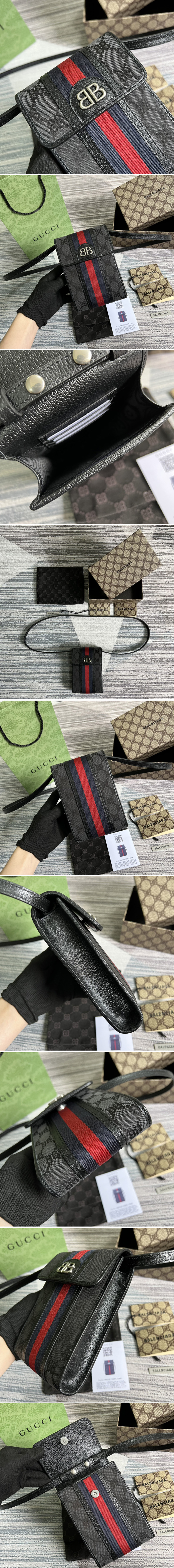 Replica Gucci x Balenciaga 680130 Men's Hacker Phone Bag in black and dark grey canvas jacquard