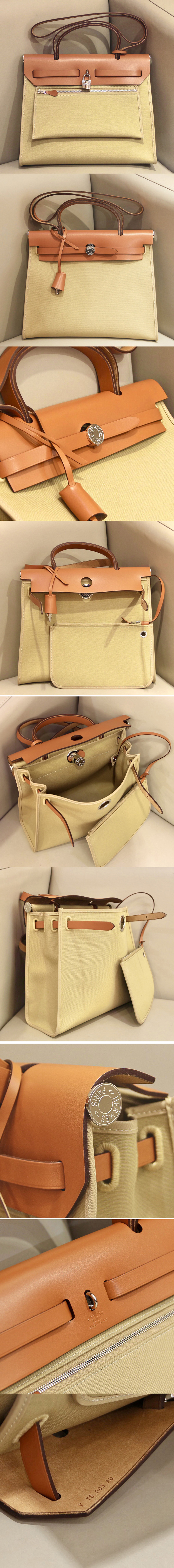 Replica Hermes herbag zip 31 bag in Brown/Yellow Officier canvas and Leather