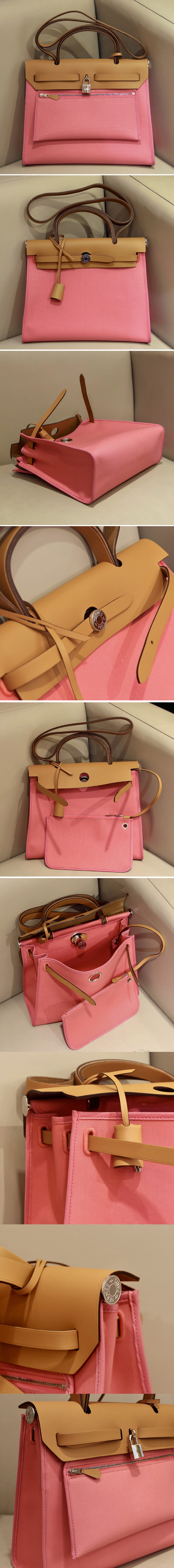 Replica Hermes herbag zip 31 bag in Brown/Light Pink Officier canvas and Leather