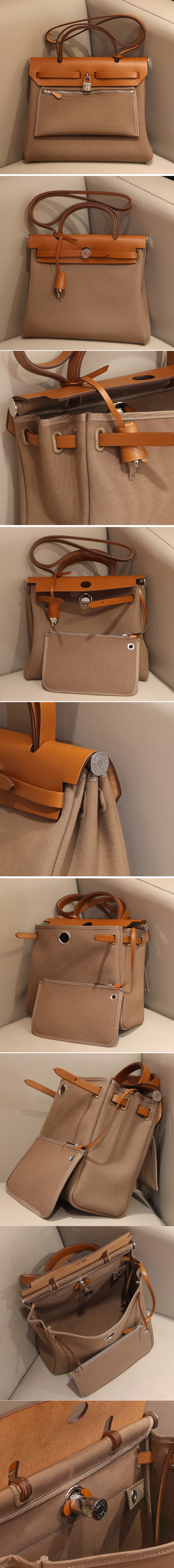 Replica Hermes herbag zip 31 bag in Brown/Grey Officier canvas and Leather