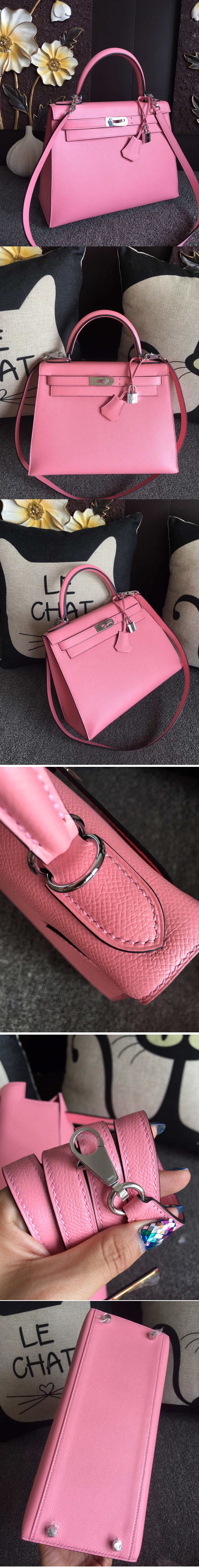 Replica Hermes Kelly 28 Bag in Pink Epsom Leather With Silver Buckle