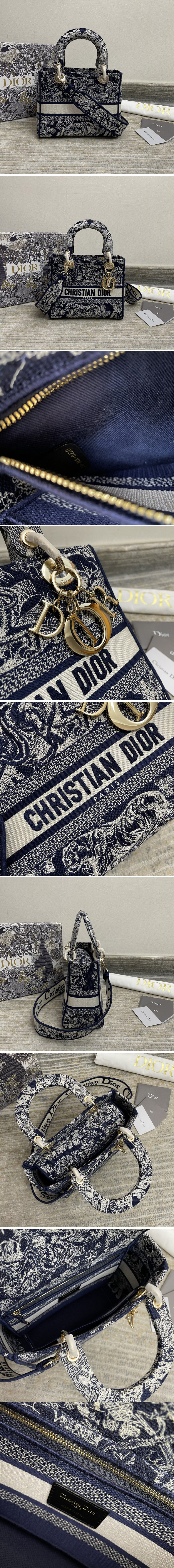 Replica Christian Dior M0565 Dior Medium Lady d-lite bag in Blue Toile de Jouy Embroidery