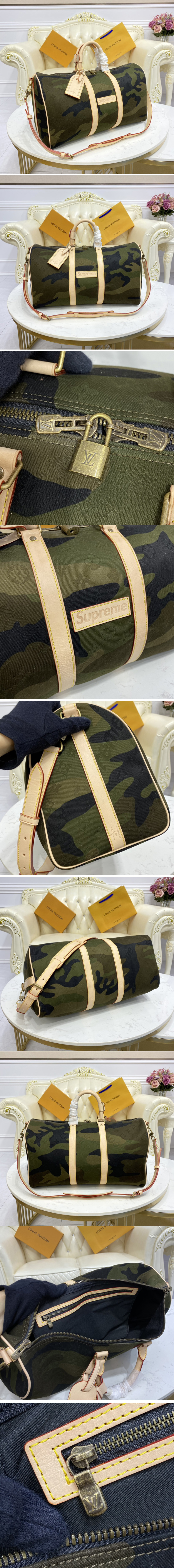 Replica Louis Vuitton X Supreme M43466 LV Keepall 45 Bandouliere Bag in Monogram Camouflage