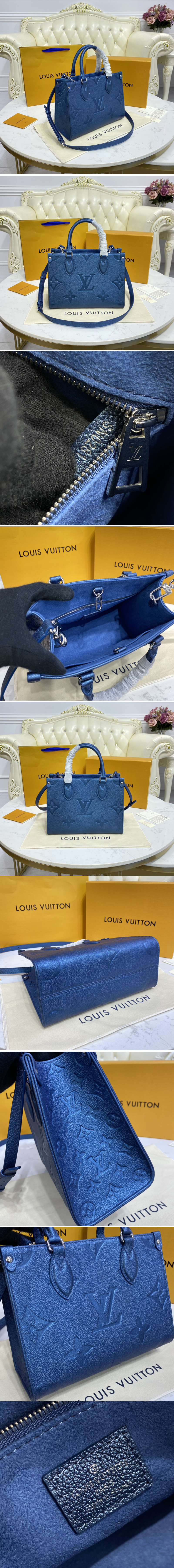 Replica Louis Vuitton M45660 LV OnTheGo PM tote Bag in Blue Monogram Empreinte leather