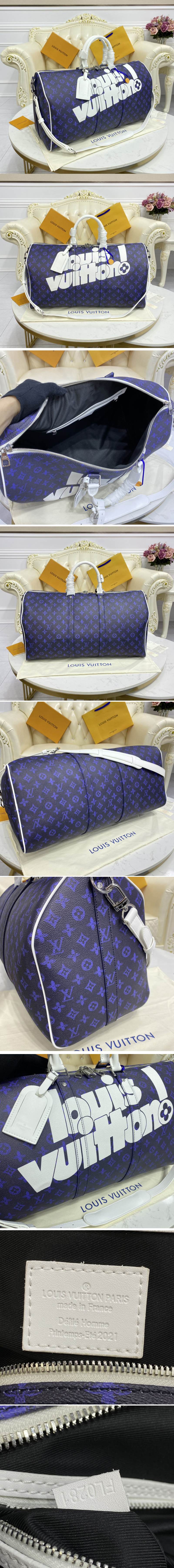 Replica Louis Vuitton M45874 LV Keepall Bandoulière 55 bag in Blue vintage Monogram canvas