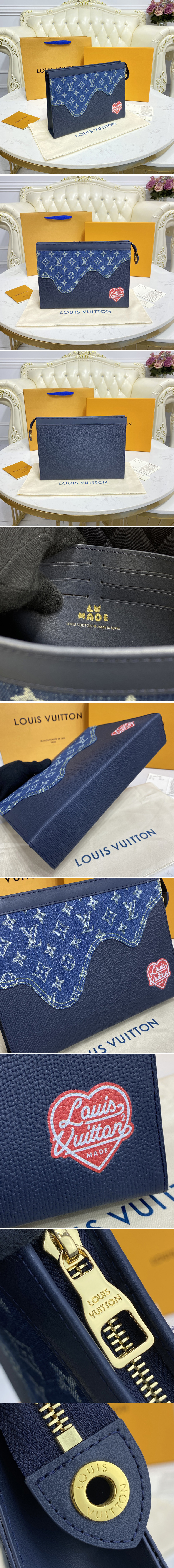 Replica Louis Vuitton M45961 LV Pochette Voyage MM in Blue Monogram denim and Navy Blue Taurillon leather