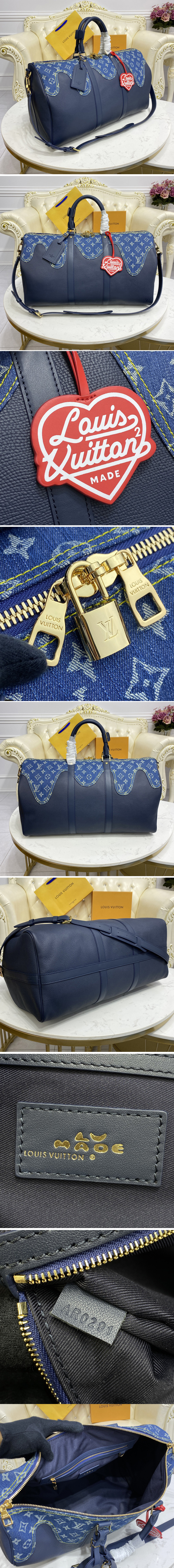 Replica Louis Vuitton M45975 LV Keepall Bandouliere 50 Travel Bag in Blue Monogram denim and Navy Blue Taurillon leather