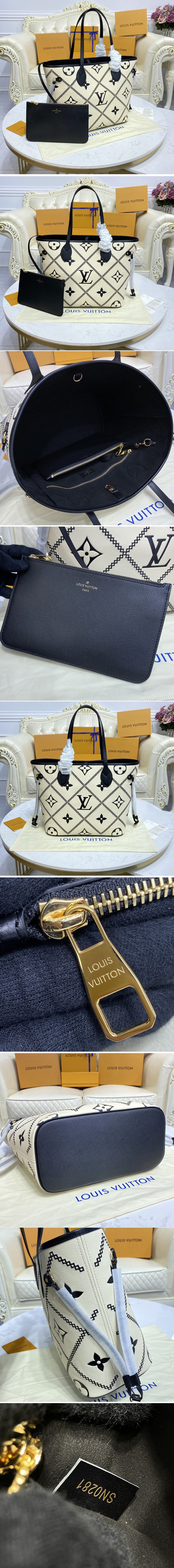 Replica Louis Vuitton M46039 LV Neverfull tote Bag in Black/Beige Monogram Empreinte leather