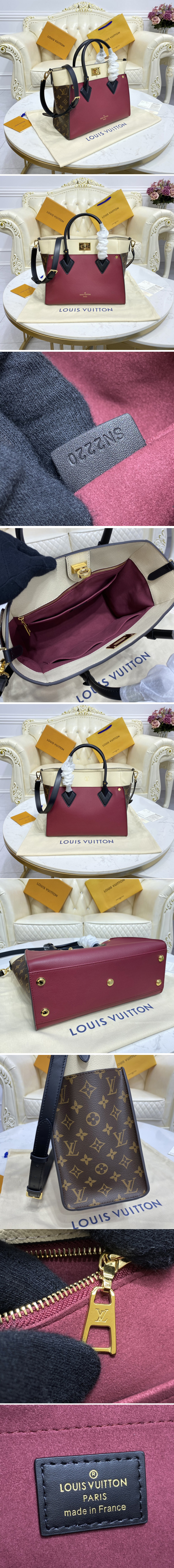 Replica Louis Vuitton M56934 LV On My Side MM tote bag in Wine Calfskin and Monogram coated canvas