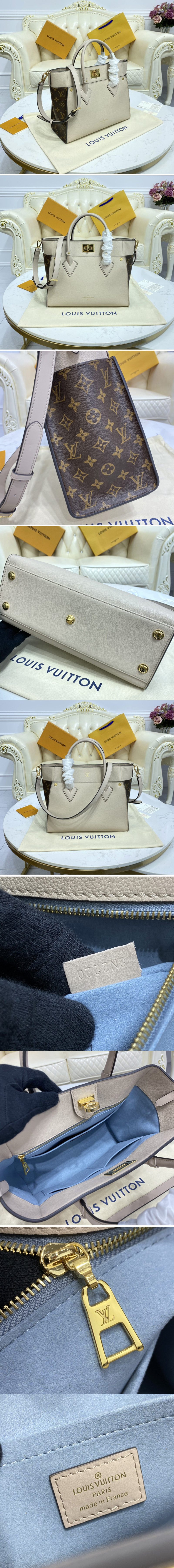 Replica Louis Vuitton M58485 LV On My Side MM tote bag in Greige Calfskin and Monogram coated canvas