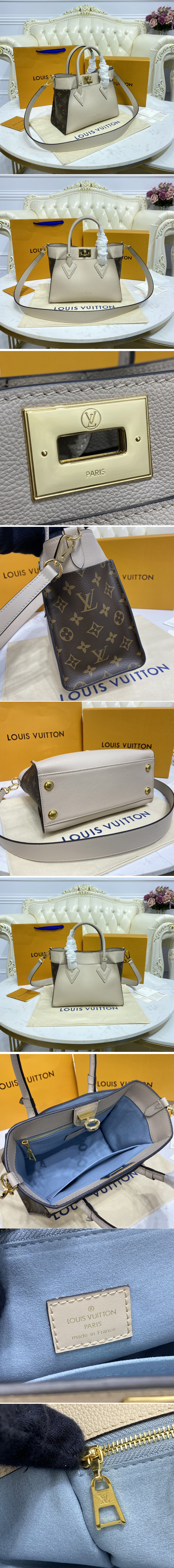 Replica Louis Vuitton M57729 LV On My Side PM tote bag in Greige soft calf leather and Monogram canvas