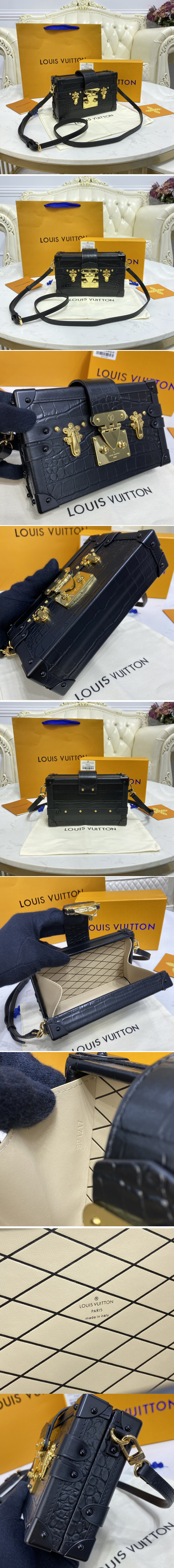 Replica Louis Vuitton N93144 LV Petite Malle handbag in Black Brilliant Alligator leather