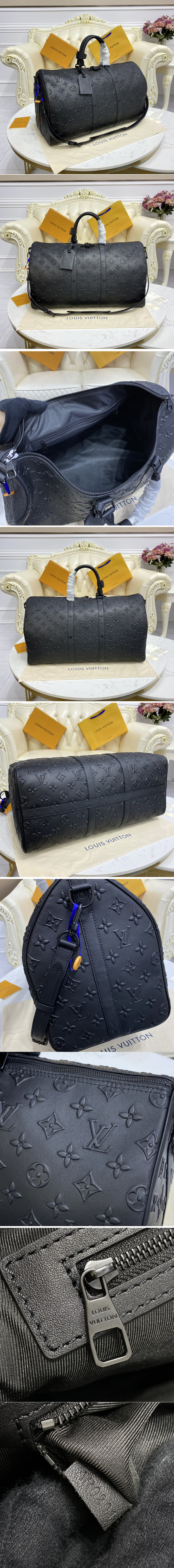 Replica Louis Vuitton M57964 LV Keepall Bandoulière 50 Travel Bag in Black Monogram Seal cowhide leather