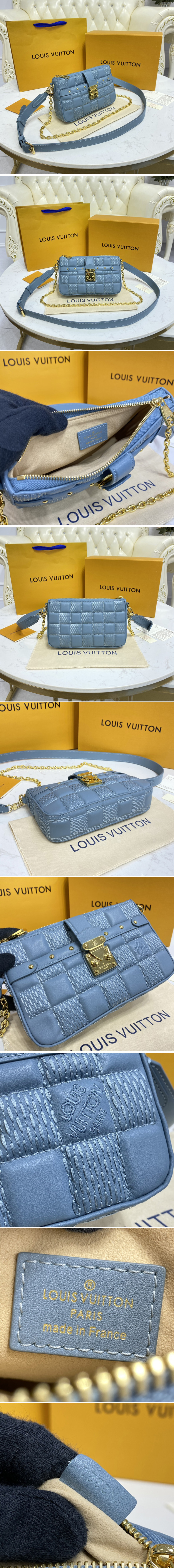 Replica Louis Vuitton M59048 LV Pochette Troca Bag in Blue Damier Quilt lamb leather