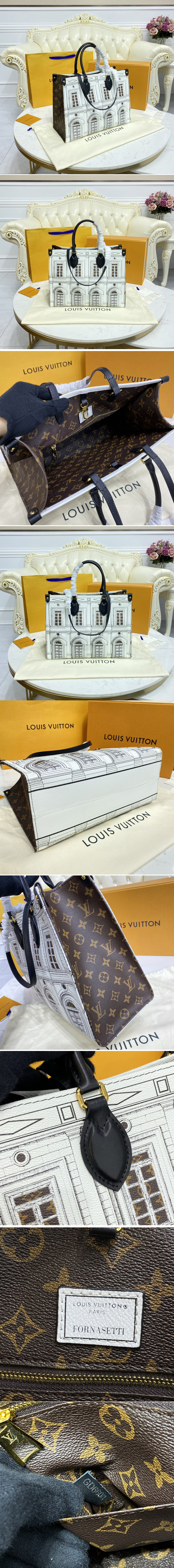 Replica Louis Vuitton M59264 LV OnTheGo MM tote bag in Black and White Printed matte calf leather