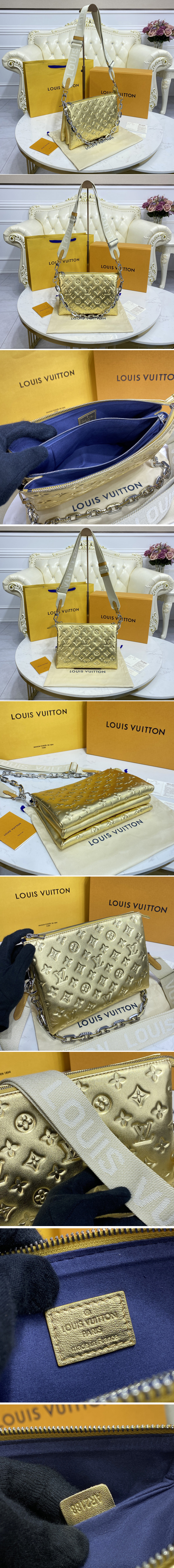 Replica Louis Vuitton M59278 LV Coussin PM handbag in Gold Monogram embossed puffy lambskin