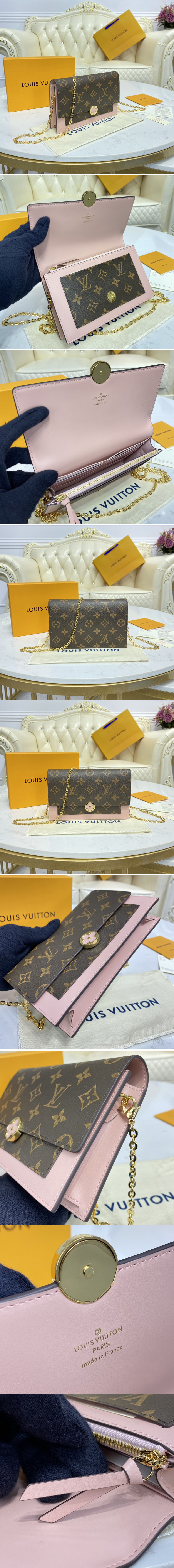 Replica Louis Vuitton M69579 LV Flore chain wallet in Monogram coated canvas and Pink calf leather