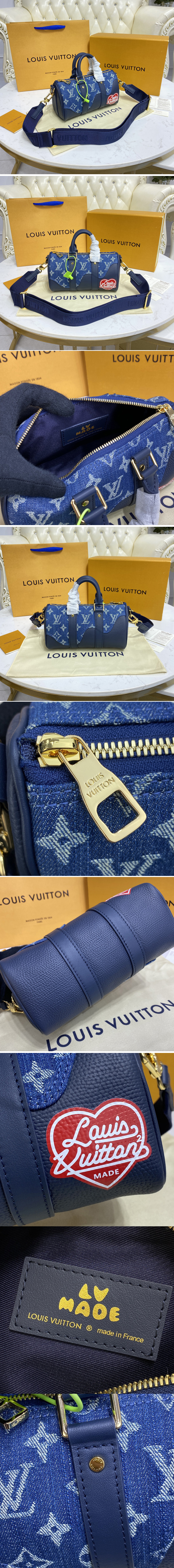 Replica Louis Vuitton M81011 LV keepall xs Bag in Blue Monogram denim and Navy Blue Taurillon leather