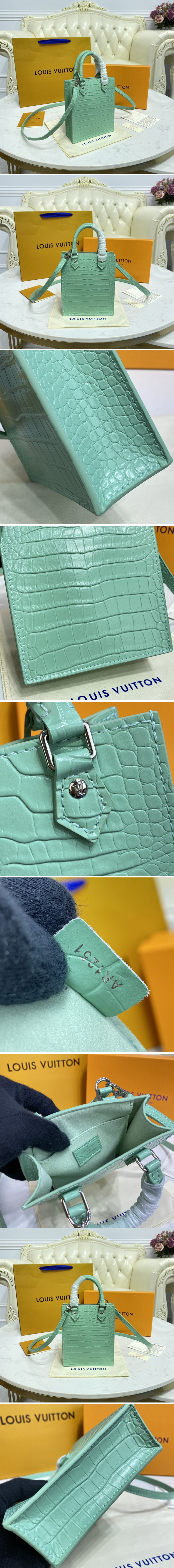 Replica Louis Vuitton N99487 LV Petit Sac Plat bag in Aqua Green Brilliant Alligator leather