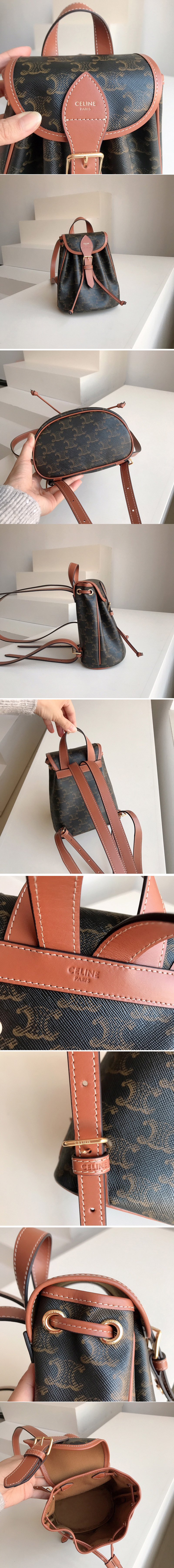 Replica Celine 197662 MINI BACKPACK FOLCO IN TRIOMPHE CANVAS AND TAN CALFSKIN