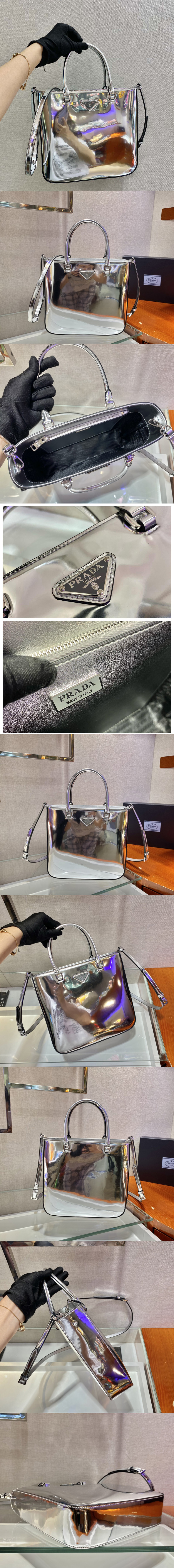 Replica Prada 1BA330 Brushed leather tote bag in Silver Leather