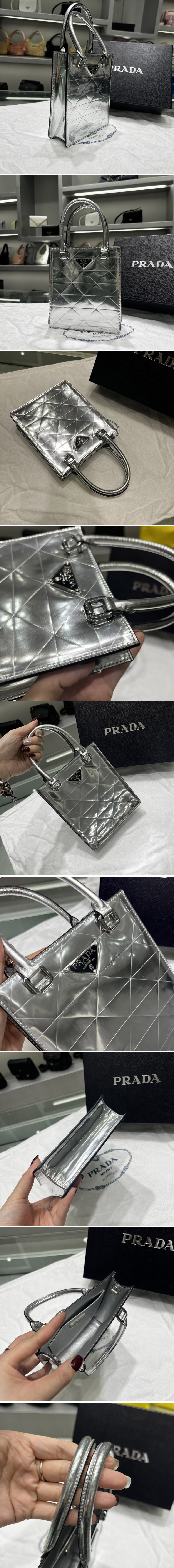 Replica Prada 1BA334 Small metallic leather tote bag in Silver Leahter