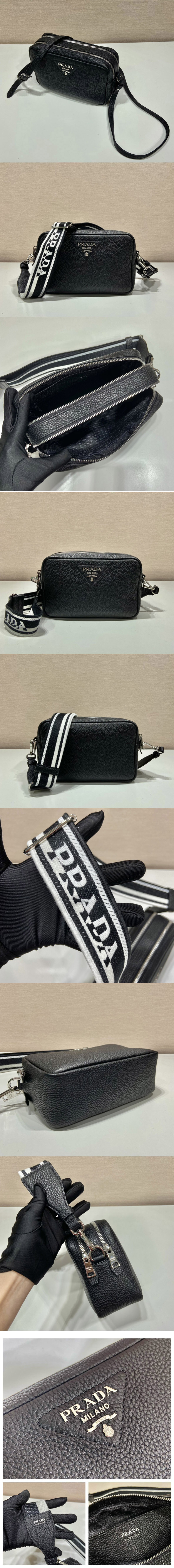 Replica Prada 1BH082 Leather bag with shoulder strap on Black Leather