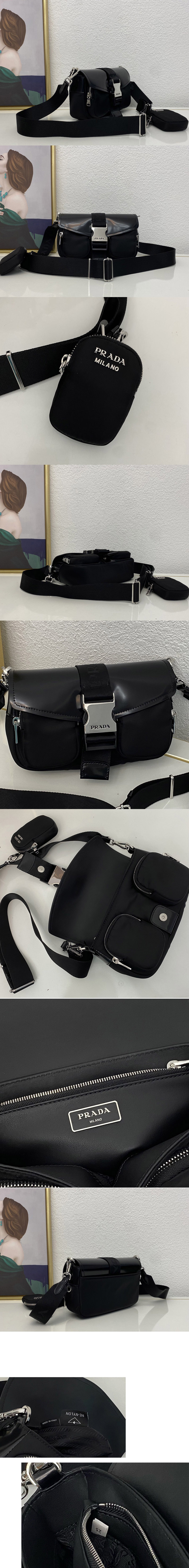 Replica Prada 1BD295 Pocket nylon and brushed leather bag in Black nylon and brushed leather