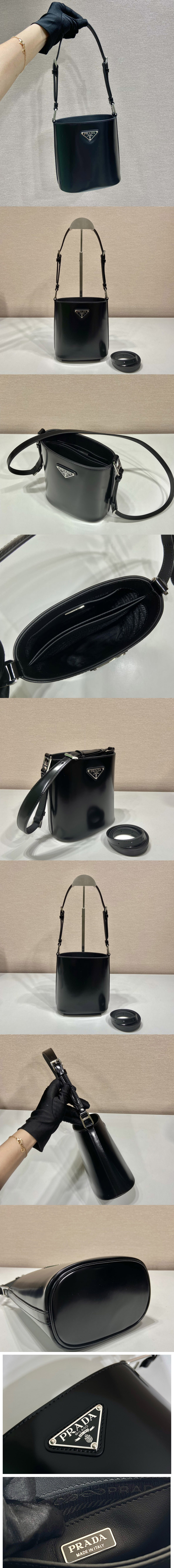 Replica Prada 1BE059 Mini brushed-leather bucket bag in Black Leather