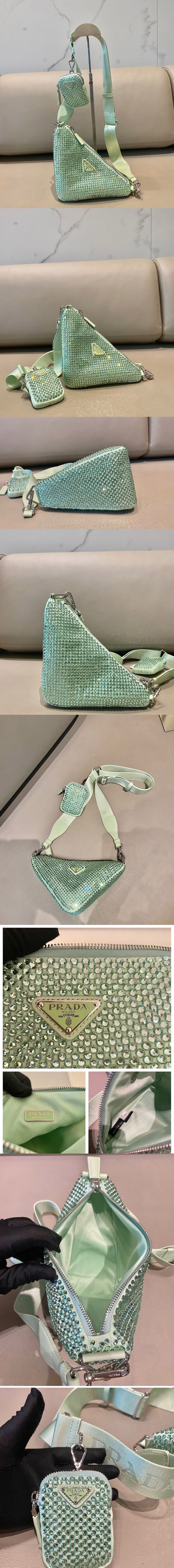 Replica Prada 1BH190 Prada Triangle shoulder bag with artificial crystals On Green Nylon