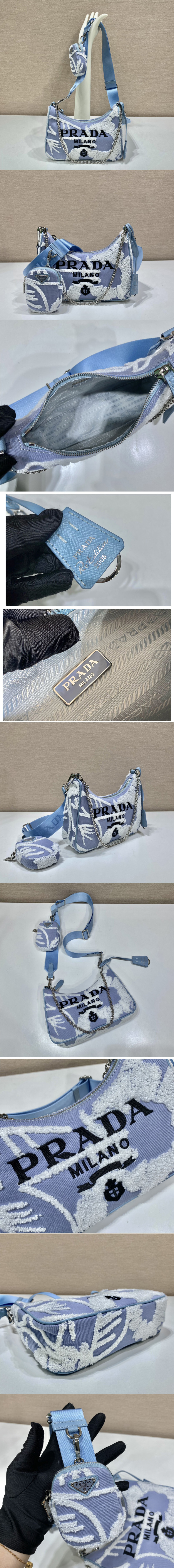 Replica Prada 1BH204 Prada Re-Edition 2006 embroidered drill shoulder bag in Sky Blue/White Fabric