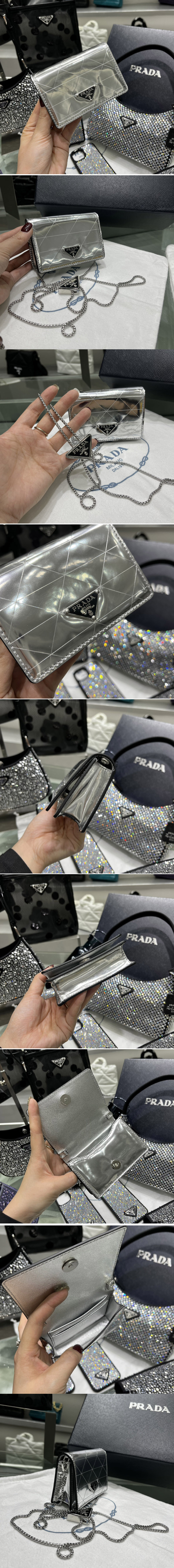 Replica Prada 1MR028 Metallic leather card holder with shoulder strap in Silver Leather