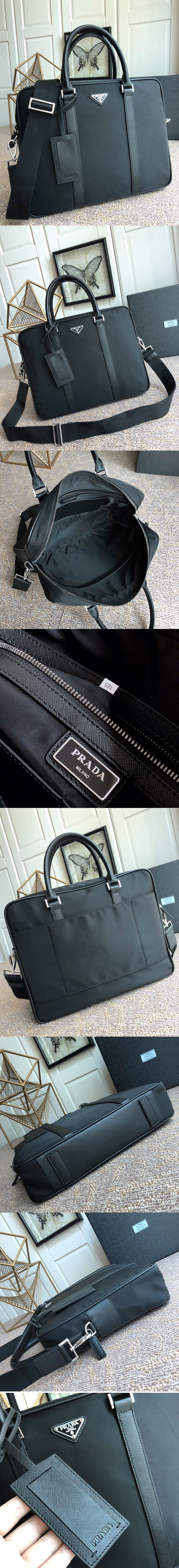 Replica Prada 2VE0891 Re-Nylon and Saffiano leather briefcase Bag in Black Nylon and Leather