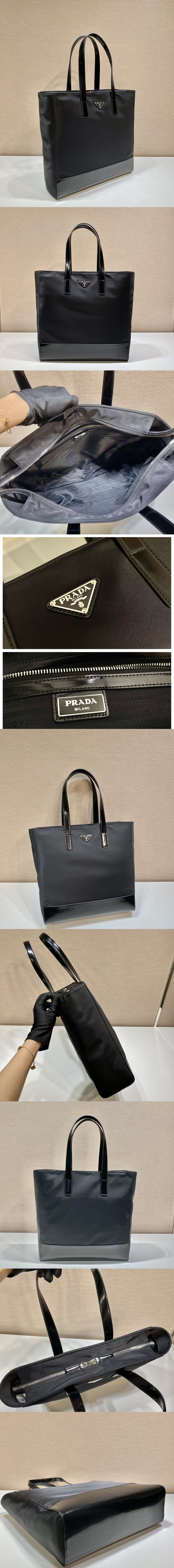 Replica Prada 2VG071 Re-Nylon and Leather tote bag in Black Fabric/Leather