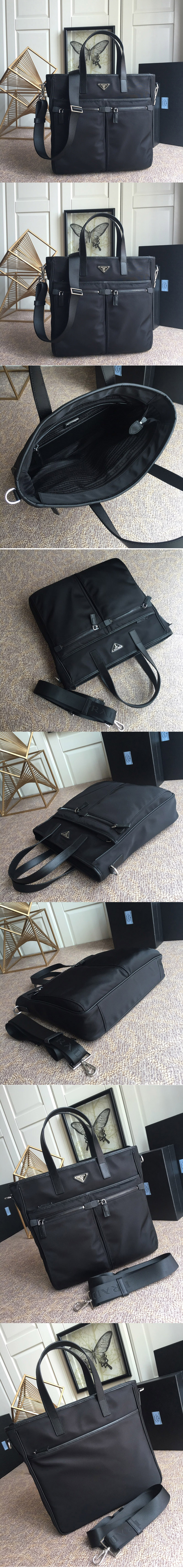 Replica Prada 2VG860 Re-Nylon and Saffiano leather tote bag in Black Nylon and Leahter