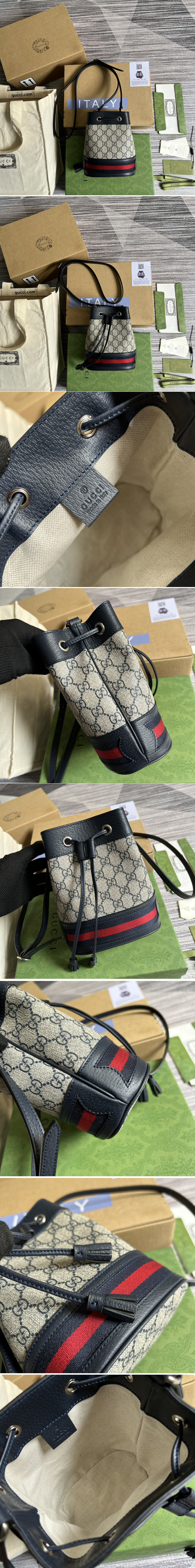 Replica Gucci 550620 Ophidia mini GG bucket bag in Beige and blue GG Supreme canvas