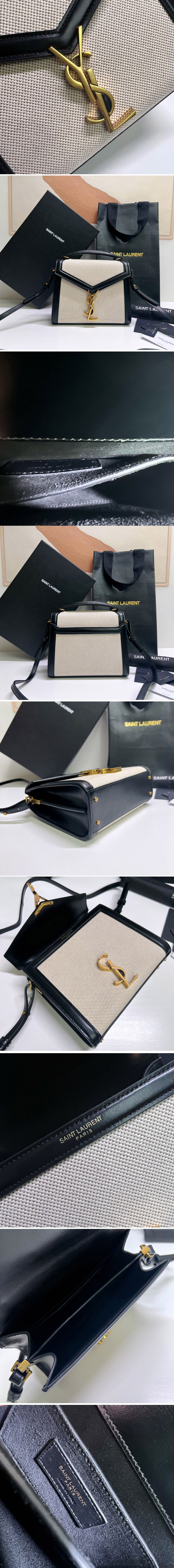 Replica Saint Laurent 623930 YSL CASSANDRA MINI TOP HANDLE BAG IN CANVAS AND Black SMOOTH LEATHER