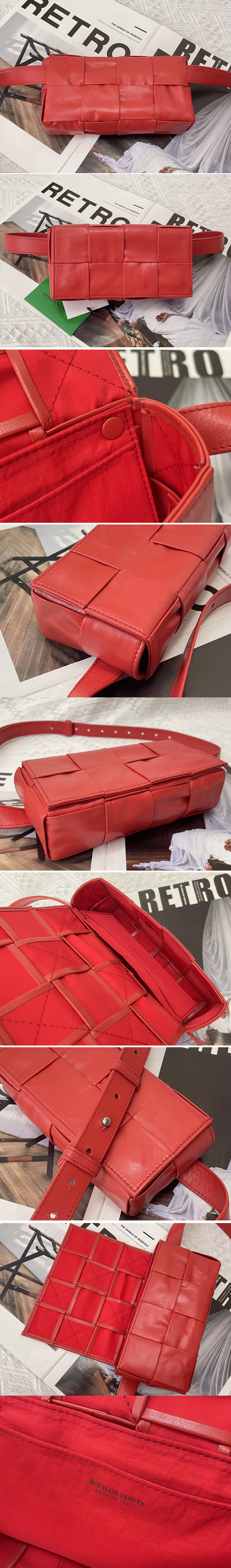 Replica Bottega Veneta 651053 Mini Cassette Belt bag in Red Intrecciato Paper Calf leather