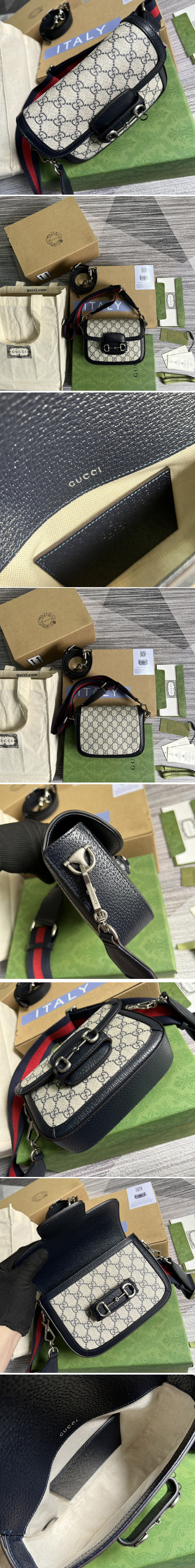 Replica Gucci 658574 Gucci Horsebit 1955 GG mini bag in Beige and blue GG Supreme canvas