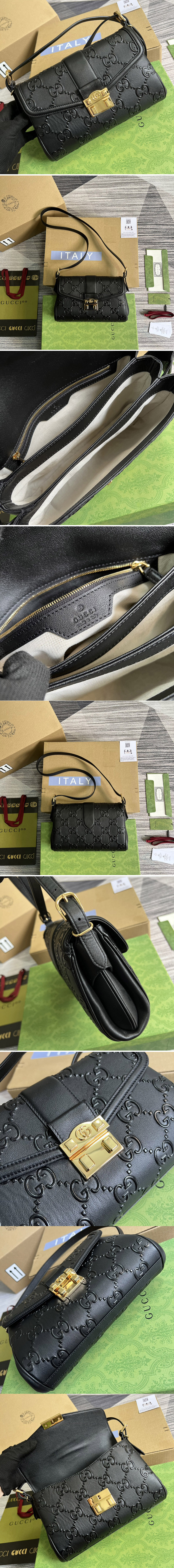 Replica Gucci 675778 Medium GG shoulder bag in Black debossed GG leather