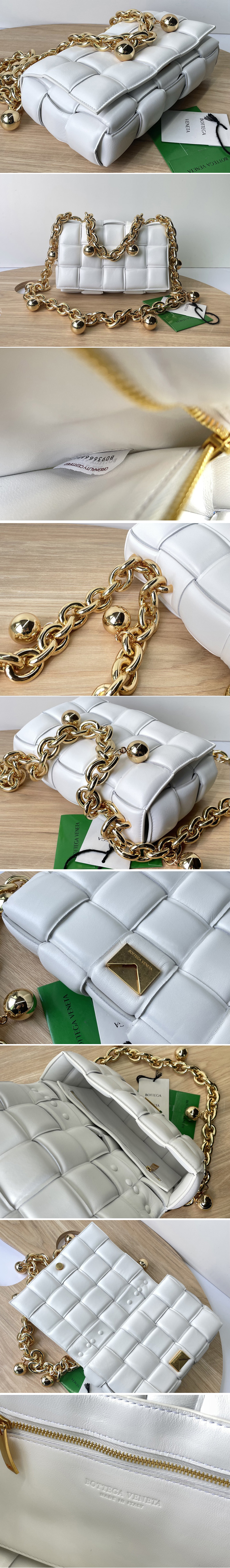 Replica Bottega Veneta 680070 Chain Cassette Padded intreccio leather cross-body bag on White Leather