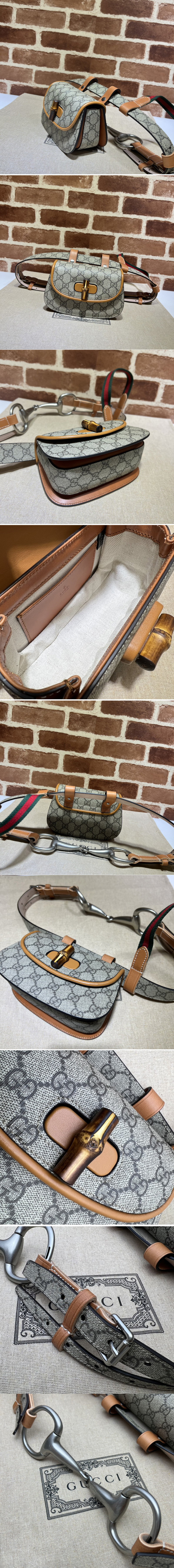 Replica Gucci 681137 Gucci Bamboo 1947 mini belt bag in Beige and ebony GG Supreme canvas